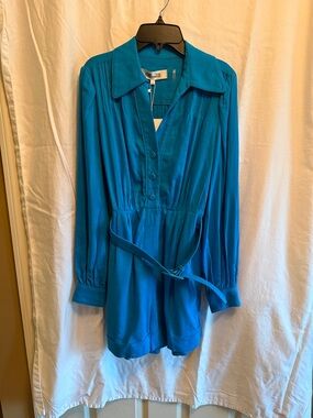 Diane Von Furstenberg Teal Blue Long-Sleeve V-Neck Belted Romper